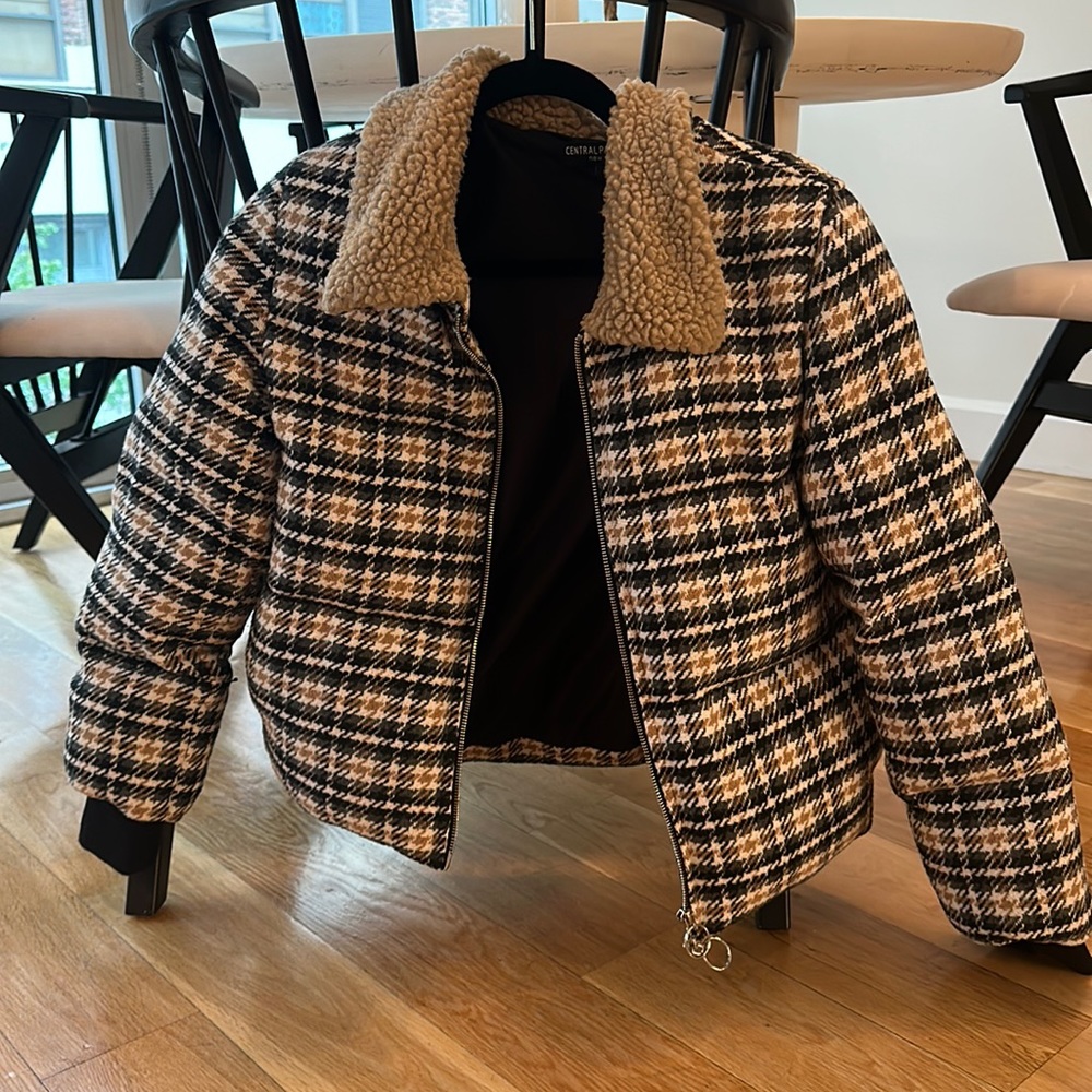 Plaid Puffer with Shearling Collar - Central Park West
